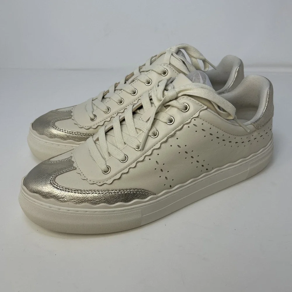 Vince Camuto Jenlie Platform Sneakers White Leather Scalloped Metallic Size 11 M